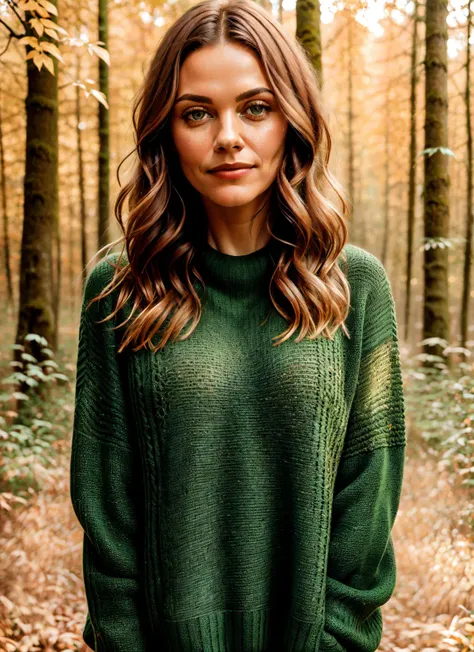 portrait face photo of CarmD <lora:CarmenDoe:0.7> beautiful woman, wearing a green sweater, standing in a forest in autumn, coy, up close, (masterpiece) (best quality) (detailed) (8k) (HDR) (wallpaper) (cinematic lighting) (sharp focus) (intricate)