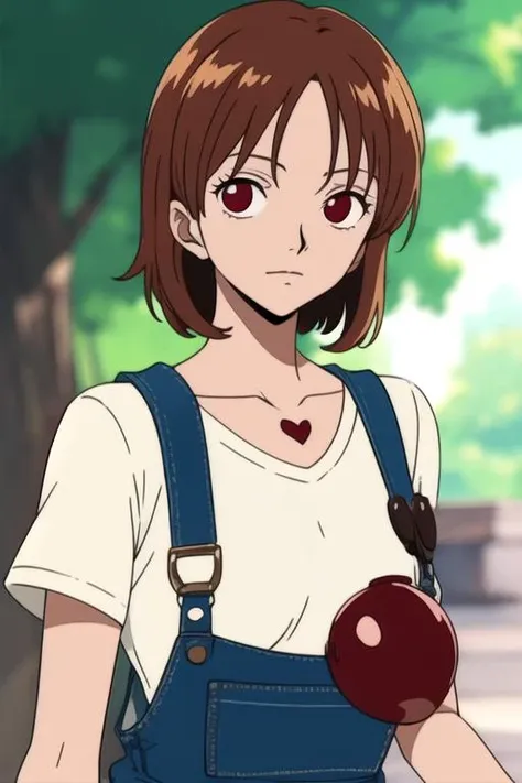 masterpiece, best quality, , 1girl, red eyes, medium brown hair, overalls,, solo, looking at viewer, , depth of field, anime coloring, realistic, Wonderland: A wild and fantastical place, ruled by the Queen of Hearts, 4k resolution, <lora:one_piece_style:1>, one_piece_style