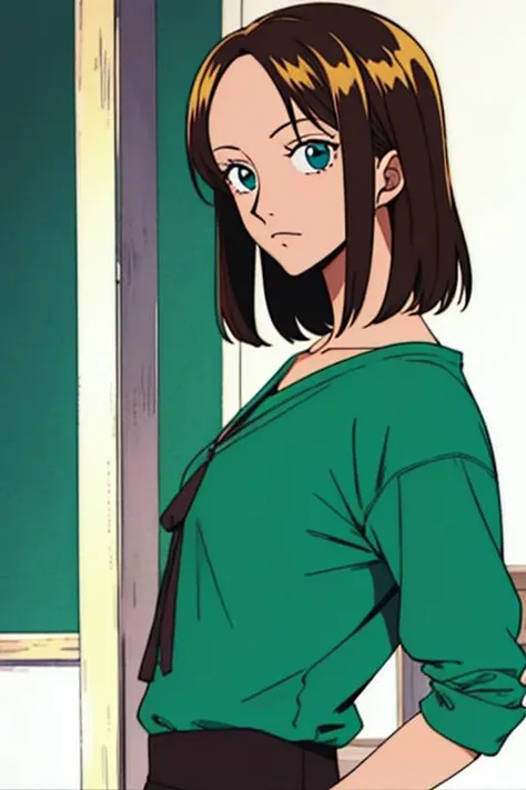 masterpiece, best quality, , 1girl, teal eyes, medium brown hair,, solo, looking at viewer, , , , realistic, , , <lora:one_piece_style:0.9>, one_piece_style