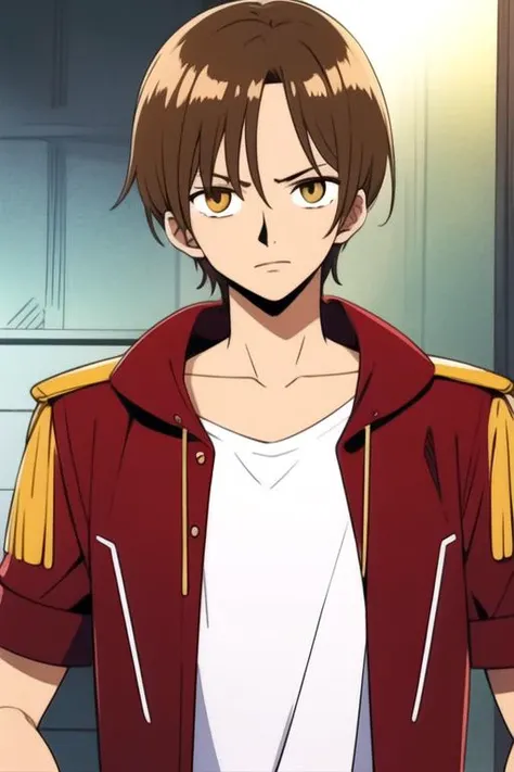 masterpiece, best quality, game cg, 1boy, male focus, amber eyes, light brown hair, ranger costume, solo, looking at viewer, upper body, depth of field, , , Hidden Treasure, , <lora:one_piece_style:0.84>, one_piece_style