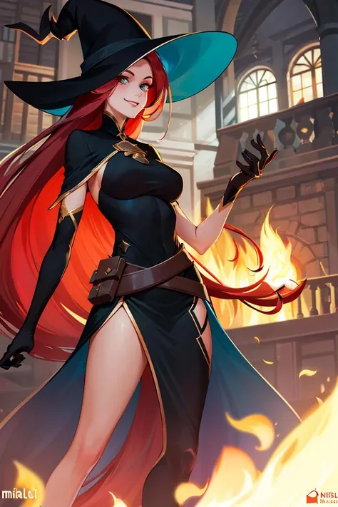 ((masterpiece,best quality)), absurdres,
<lora:Mirael_AFK:0.7>, Mirael_AFK, long red hair, black glove, smiling,
library fire and magic in background, cinematic composition, dynamic pose,