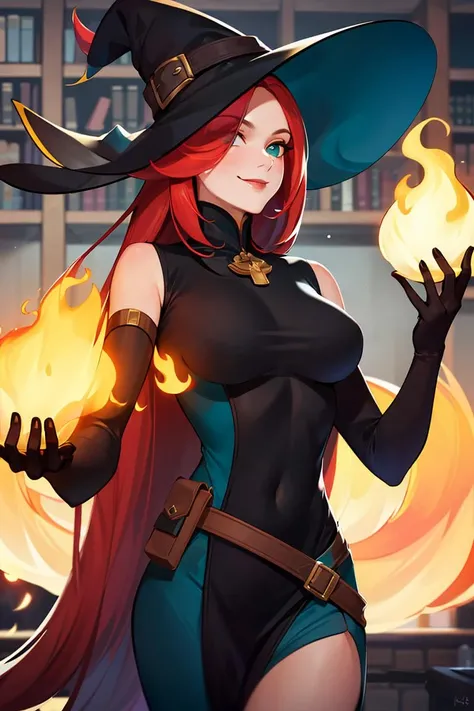 ((masterpiece,best quality)), absurdres, 
<lora:Mirael_AFK:0.7>, Mirael_AFK, long red hair, black glove, smiling, 
 library fire and magic in background, cinematic composition, dynamic pose,