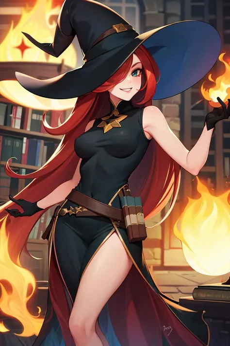 ((masterpiece,best quality)), absurdres,
<lora:Mirael_AFK:0.7>, Mirael_AFK, long red hair, black glove, smiling,
library fire and magic in background, cinematic composition, dynamic pose,