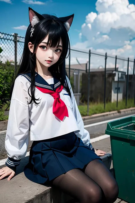 ((masterpiece, best quality)),a girl, solo, skirt, sky, sitting, pantyhose, serafuku, cloud,black gloves, outdoors, neckerchief ,day, bangs, fence, shirt, ahoge, rooftop, long hair, white pantyhose, black hair, school uniform, white sailor collar, red eyes, sailor collar, blue skirt, red neckerchief, blue serafuku, animal ears, blue sky, long sleeves, blue shirt, looking at viewer, closed mouth,cat ears, chain-link fence, pleated skirt, cloudy sky, trash can