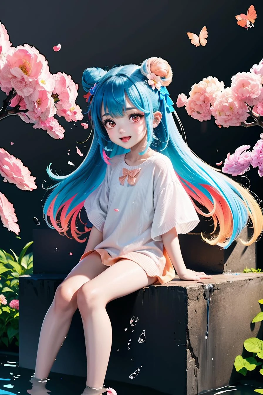 flat design,hyper cute girl:1.0125),(multicolor,vector art,outline,:1.3401),
(best quality), (masterpiece), incredibly_absurdres, highly detailed, refined rendering, illustration, (highres), original, night_sky,
(close_on:1.2), (close shot), (a girl:1.3) is (sitting on the tree) and soaking feet, [[light smile]], (_blue hair), very_long_hair, water inner hair, little double bun, (beautiful detailed eyes), (red eyes), floating ribbon,
(peach blossom), flowers, (flower) tree, Petals on water, floating Petals, [[full moon]]