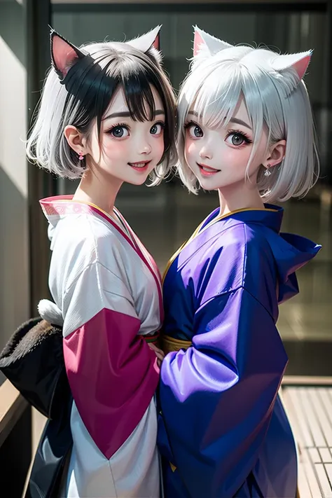 2girl, cat ears, short hair, silver hair, white hair, purple eyes, masterpiece, pov, medium breast, absurdres, messy hair, cute smile, winking, blushing, nice hands, simple background, Japanese clothes, kimono, side-by-side, holding hands, floating heart, heart earrings, white hair, full-face blush, looking at another, face-to-face,