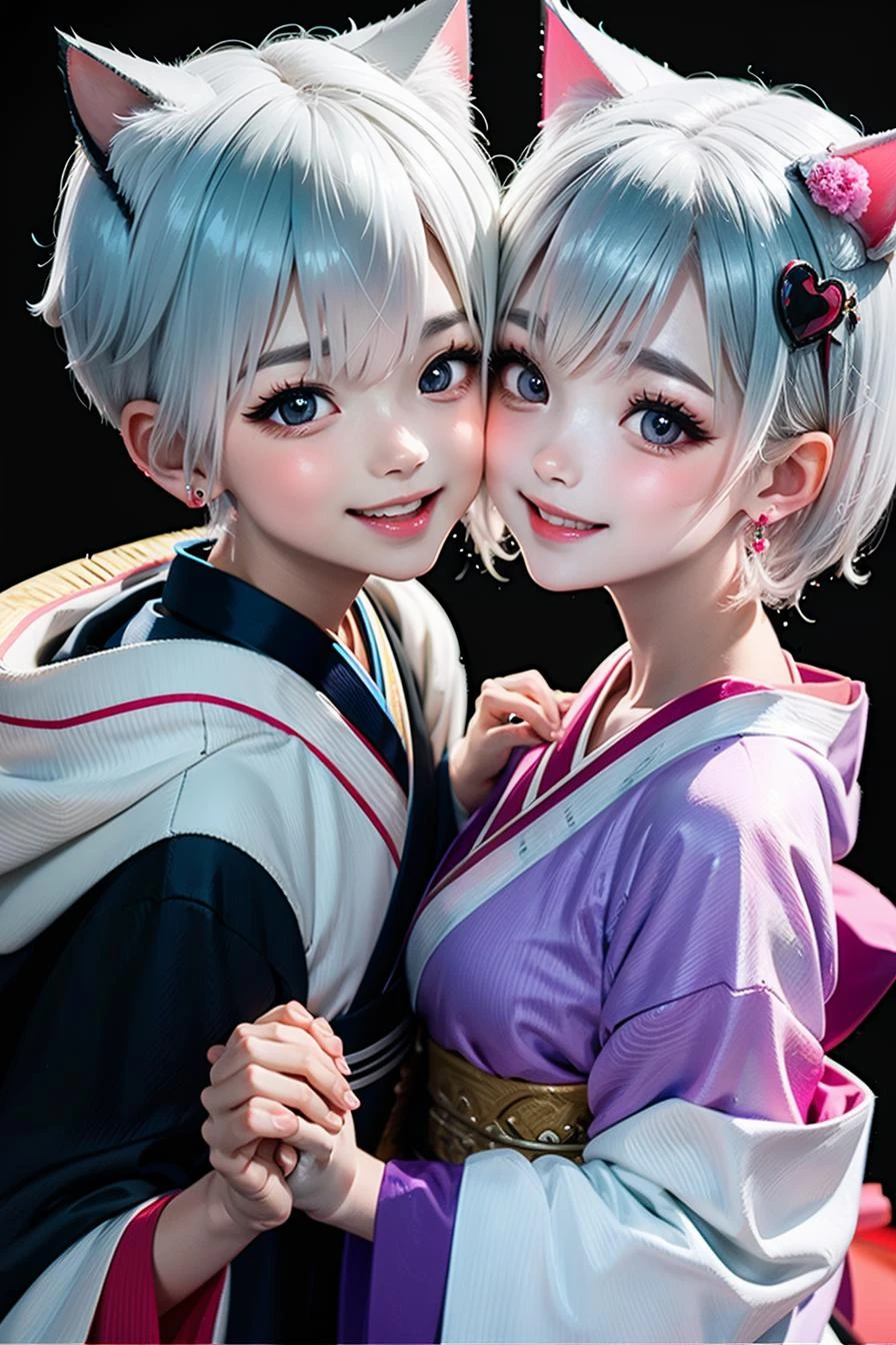(1boy, 1girl), cat ears, short hair, silver hair, white hair, purple eyes, masterpiece, pov, medium breast, absurdres, messy hair, cute smile, winking, blushing, nice hands, simple background, Japanese clothes, kimono, side-by-side, holding hands, floating heart, heart earrings, white hair, full-face blush, looking at another, face-to-face,