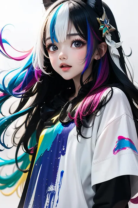 1gril,clear face,High definition,(white background:1.2),paint effect, long hair girl with white mixed with rainbow color flowing hair and starry color clothes,Beautiful hair,white hrie,rainbow hair