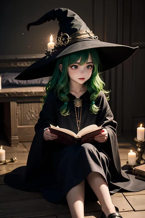 original character , beautiful girl with green wavy hair , witch hat , sitting in a dimley lit room , candles , casting a spell , sitting on the floor , dark room , reading a spell book, looking away , shallow depth of field , rendered , stunning details