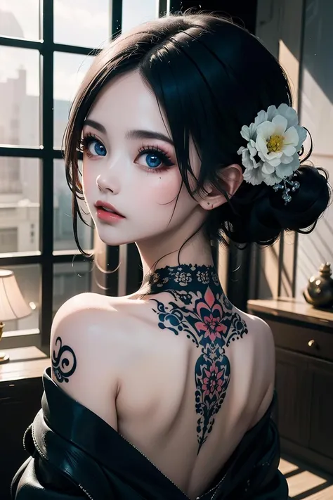 (masterpiece, top quality, best quality, official art, beautiful and aesthetic:1.2),1girl, tattoo, solo, japanese clothes, hair ornament, unsheathing, black hair, sheath, back tattoo, blue eyes, off shoulder, bare shoulders, looking back, from behind, flower, looking at viewer, holding, makeup,
indoor,