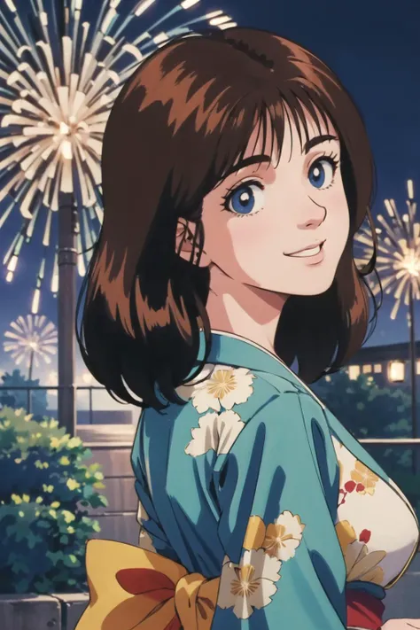 masterpiece,best quality,highres,RAW photo,ultra-detailed,1990s \(style\),detailed face,detailed eyes,animification,1girl,solo,<lora:qingzi2:0.6>,retro artstyle,perfect body,brown hair,blue eyes,medium breasts,outdoors,kimono,smile,street,night,aerial fireworks,looking back,
