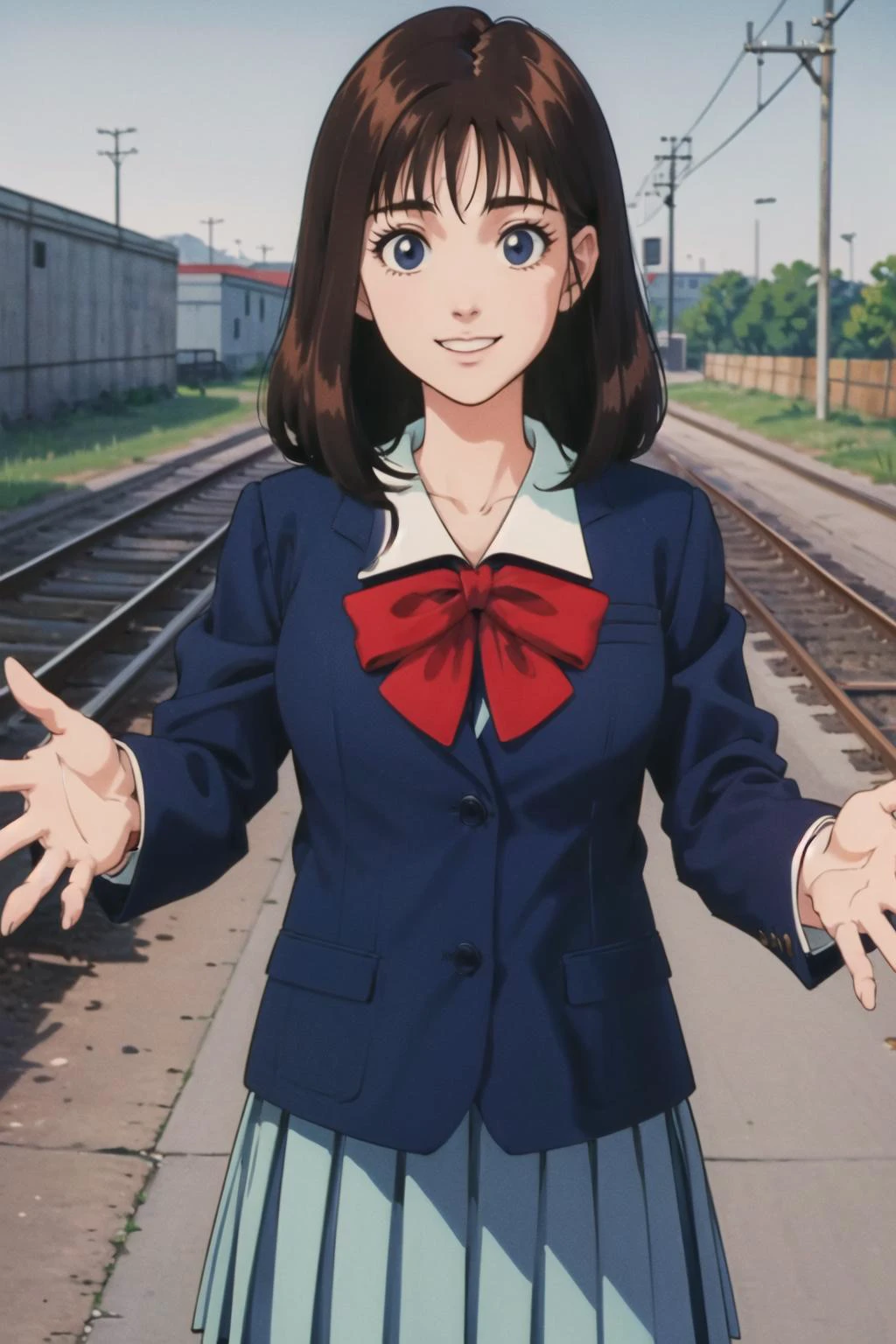 masterpiece,best quality,highres,RAW photo,ultra-detailed,1990s \(style\),animification,1girl,solo,<lora:qingzi2:0.6>,retro artstyle,perfect body,school uniform,skirt,brown hair,pleated skirt,long sleeves,(bow),blazer,blue eyes,smile,railroad crossing,beckoning,