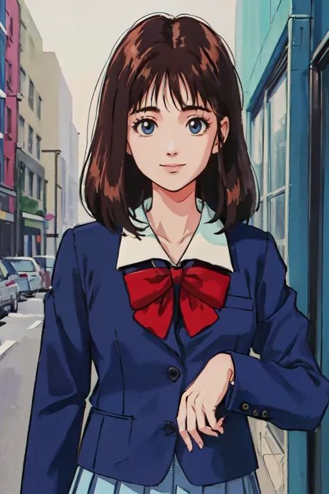 (best quality, masterpiece, RAW photo,ultra-detailed:1.2), <lyco:GoodHands-beta2:1.0>,1girl,solo,looking at viewer, smile,
qingzi,headx,retro artstyle,perfect body, school uniform,skirt, brown hair, pleated skirt, long sleeves, (bow), blazer, blue eyes, <lyco:qingzi2:0.55>