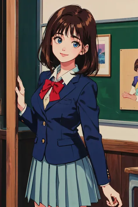 (best quality, masterpiece, RAW photo,ultra-detailed:1.2), <lyco:GoodHands-beta2:1.0>,1girl,solo,looking at viewer, smile,
qingzi,headx,retro artstyle,perfect body, school uniform,skirt, brown hair, pleated skirt, long sleeves, (bow), blazer, blue eyes, <lyco:qingzi2:0.3>