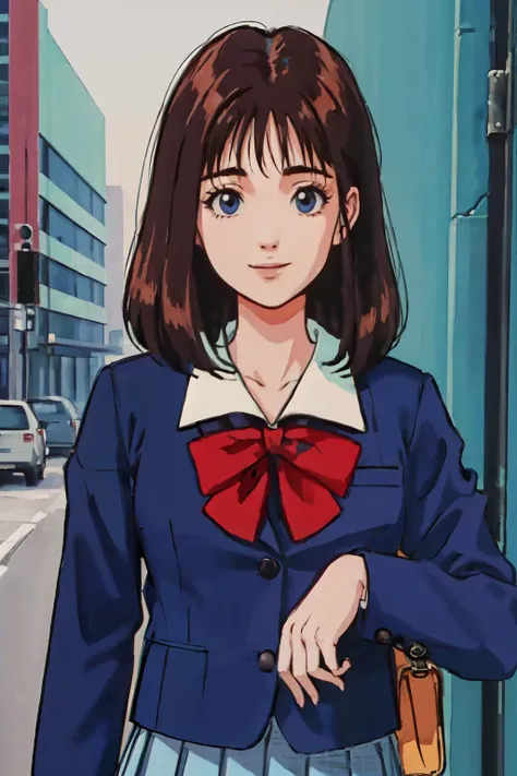 (best quality, masterpiece, RAW photo,ultra-detailed:1.2), <lyco:GoodHands-beta2:1.0>,1girl,solo,looking at viewer, smile,
qingzi,headx,retro artstyle,perfect body, school uniform,skirt, brown hair, pleated skirt, long sleeves, (bow), blazer, blue eyes, <lyco:qingzi2:0.6>