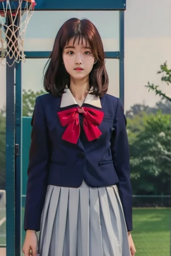 Face facing the camera, outdoor basketball court
<lora:qingzi2:0.7>,qingzi,headx,retro artstyle,perfect body,school uniform,skirt,brown hair,pleated skirt,long sleeves,(bow),blazer,blue eyes,
smooth,lighting,Atmosphere,soft light,high res,4k masterpiece,high quality,