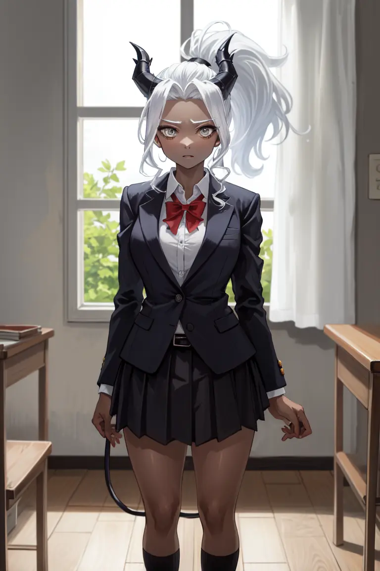 masterpiece, best quality, absurdres, perfect antomy, 1girl, solo, Judgement, colored skin, horns, tail, long hair, ponytail, large breasts, indoors, standing, school uniform, blazer, pleated skirt