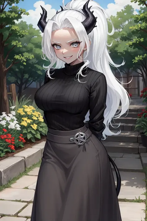 masterpiece, best quality, absurdres, perfect antomy, 1girl, solo, Judgement, colored skin, horns, tail, long hair, ponytail, large breasts, outdoors, garden, long skirt, ribbed sweater, grey sweater, arms behind back, smile
