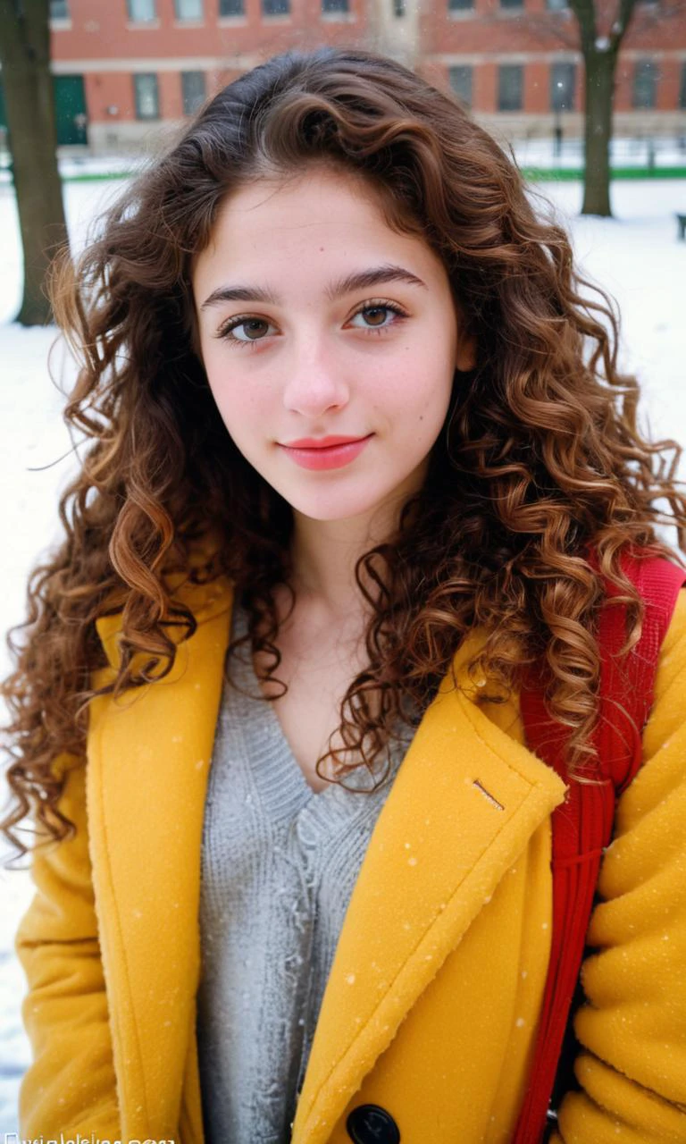 (indistinguishable from reality:1.4), 1girl, selfie, An half portrait of a beautiful 25 y.o New York Italian college student, (detailed facial features), (freckles:0.2), (acne:0.1), long thick luxurious curly hair, beautiful Jewish nose, shy smile, walking on University campus, winter, snowfall, ultra detailed texture winter coat, bright primary colors, Nikon FM2, 35mm SLR