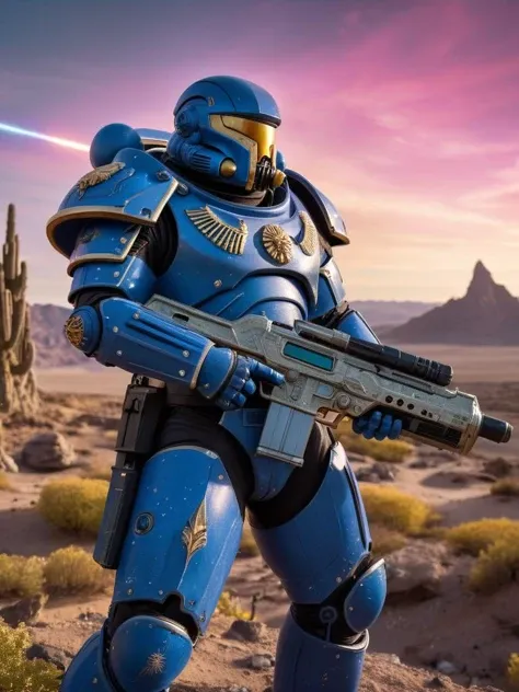 (extremely detailed 8k wallpaper), a medium shot photo of a detailed space marine in an alien landscape holding a futuristic weapon, Intricate, High Detail, dramatic, best quality masterpiece, photorealistic, detailed, 8k, HDR, backlighting, bloom, light sparkles, chromatic aberration, sharp focus