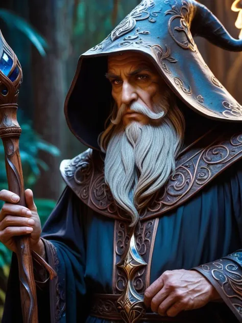 (extremely detailed 8k wallpaper), a medium shot photo of a dark sorcerer holding a carved wooden staff, magic, Intricate, High Detail, dramatic, best quality masterpiece, photorealistic, detailed, 8k, HDR, backlighting, bloom, light sparkles, chromatic aberration, sharp focus