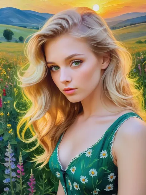 oil painting in the style of vincent van gogh of a beautiful woman with wavy blonde hair and green eyes wearing a summer dress in a field of wildflowers at sunset, crepuscular rays, colorful