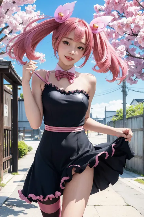 <lora:Bonnie:0.6>, bonnie, best quality, masterpiece, illustration, (realistic, photo-realistic:1.37), amazing, finely detail, incredibly absurdres, huge filesize, ultra-detailed, highres, extremely detailed CG unity 8k wallpaper, ray tracing, nsfw, Looking up from below, a young Japanese woman with long pink hair in twintails is falling down through the sky over a street in Japan. She has a playful smile on her face as her dress billows up from the wind, revealing her thighs and black and pink striped thigh-high socks. She wears a sleeveless black lace dress with a low neckline and white frilly trim that flows loosely around her body as she falls. Around her neck is a white collar with a red bow tie. Her dress has a purple bow at the waist. Cherry blossom petals are floating through the air around her. The scene is painted in a realistic style.