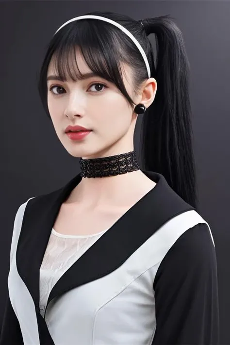 masterpiece,best quality,intricate details,((portrait)),((looking at viewer)),highly detailed raw photography,photorealism,photorealistic,Real-Time Ray Tracing,cinematic lighting,8k-perfect-octane,
glamour shot of 1girl,sharp focus,
<lora:aoshimakokoro_v01-000008:0.75>,aoshimakokoro,bangs,black hair,long hair,flat chest,side ponytail,hairband,choker,earrings,open collared two tone shirtdress,long sleeves,((black background)),simple background,
