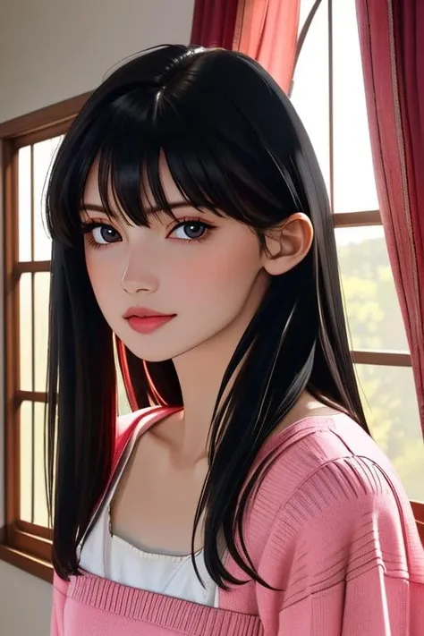 masterpiece,best quality,intricate details,looking at viewer,highly detailed raw photography,cinematic lighting,
<lora:aoshimakokoro_v01-000008>,aoshimakokoro,pale skin,bangs,black hair,long hair,((flat chest)),indoors,over sized pink low gauge sweater,english window,lace curtain,