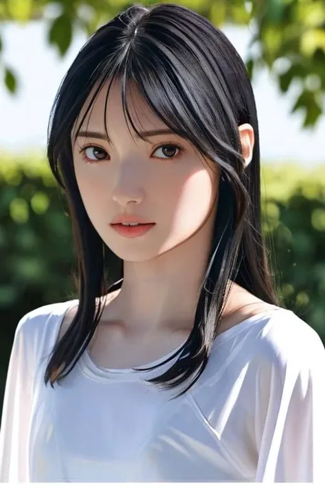 masterpiece,best quality,intricate details,looking at viewer,highly detailed raw photography,photorealism,photorealistic,cinematic lighting,
<lora:aoshimakokoro_v01-000008>,aoshimakokoro,pale skin,bangs,black hair,long hair,((flat chest)),sky,white shirt,