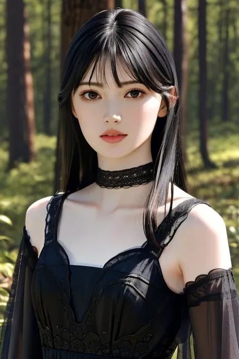 masterpiece,best quality,intricate details,looking at viewer,highly detailed raw photography,photorealism,photorealistic,cinematic lighting,
<lora:aoshimakokoro_v01-000008>,aoshimakokoro,pale skin,bangs,black hair,long hair,((flat chest)),forest,night,black lace dress,