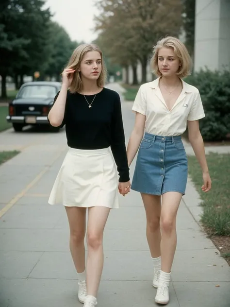 1980s \(style\) Realistic (color photograph) of an 2 American college boys crossdressing, walking through campus holding hands of boyfriend, 18 years old, beautiful, slim, flat chest, (short dusty blonde hair), wearing a white mini dress, drunk, motion blur, photograph, highly detailed, sharp focus, 4k, photorealism, night, flash, analog style, skin pores, Hasselblad 1600F, 80mm f/2.8, 1/50s, ISO 50, Agfachrome CT18 <lora:flat_chest_v2:0.8>