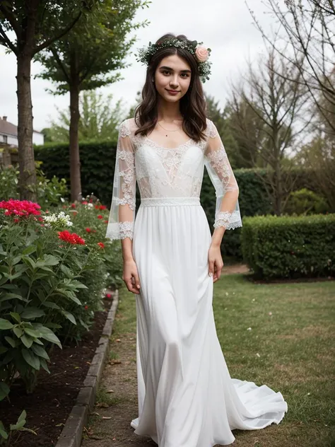a 20 year old european man, crossdressing wearing a woman cimson bridesmaid dress, lace, sheer , very high heels, solo, garden , <lora:flat_chest_v2:0.8> ((flat chest)) <lora:skin_tone_slider_v1:1>