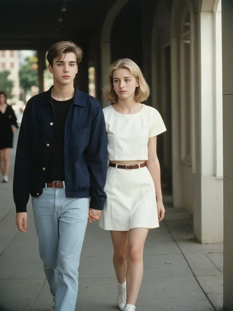 1990s \(style\) Realistic (color photograph) of an 2 American college boys crossdressing, walking through campus holding hands of boyfriend, 18 years old, beautiful, slim, flat chest, (short dusty blonde hair), wearing a white mini dress, drunk, motion blur, photograph, highly detailed, sharp focus, 4k, photorealism, night, flash, analog style, skin pores, Hasselblad 1600F, 80mm f/2.8, 1/50s, ISO 50, Agfachrome CT18 <lora:flat_chest_v2:0.8>
