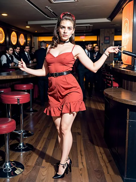 1950, 20 year old femboy, make up, long hair, fifties haircut, fifties long swing red dress, belt, high heels, standing, suggestive pose <lora:emotion_happy_slider_v1:1.8> flat chest <lora:flat_chest_v2:0.8>, excited, nightclub, surrounded with men <lora:MidcenturyNightclub:0.8> MidcenturyNightclub