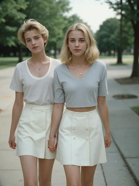 1990s \(style\) Realistic (color photograph) of an 2 American college boys crossdressing, walking through campus holding hands of boyfriend, 18 years old, beautiful, slim, flat chest, (short dusty blonde hair), wearing a white mini dress, drunk, motion blur, photograph, highly detailed, sharp focus, 4k, photorealism, night, flash, analog style, skin pores, Hasselblad 1600F, 80mm f/2.8, 1/50s, ISO 50, Agfachrome CT18 <lora:flat_chest_v2:0.8>