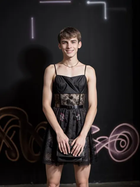 20 year old man , make up, bangs, elegant black mini gala dress, high heels, posing in front of graffiti-covered walls; the dimly lit space <lora:emotion_happy_slider_v1:1.8> flat chest <lora:flat_chest_v2:0.8>