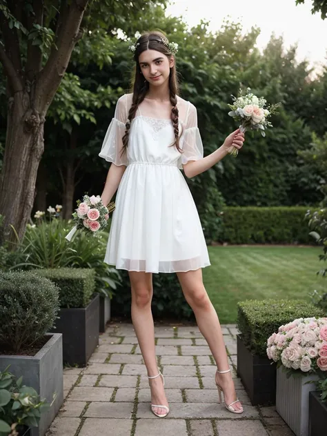 a 20 year old european man, crossdressing wearing a woman bridesmaid dress , heels, solo, garden cocktail party , <lora:flat_chest_v2:0.8> flat chest <lora:hair_length_slider_v1:2>