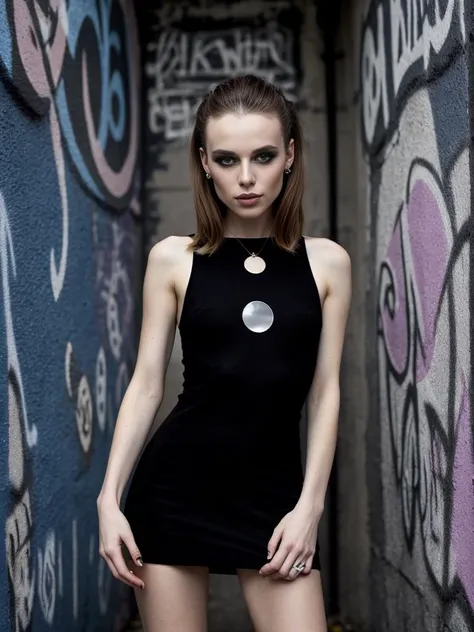 20 year old small man , make up, elegant black mini dress, high heels, posing in front of graffiti-covered walls; the dimly lit space flat chest <lora:flat_chest_v2:0.8> <lora:glam makeup:1>