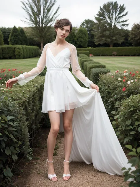 a 20 year old european man, crossdressing wearing a woman bridesmaid dress, long sheer sleeves , heels, solo, garden , <lora:flat_chest_v2:0.8> ((flat chest)) <lora:waist_size_control_v1.0:-2.5>