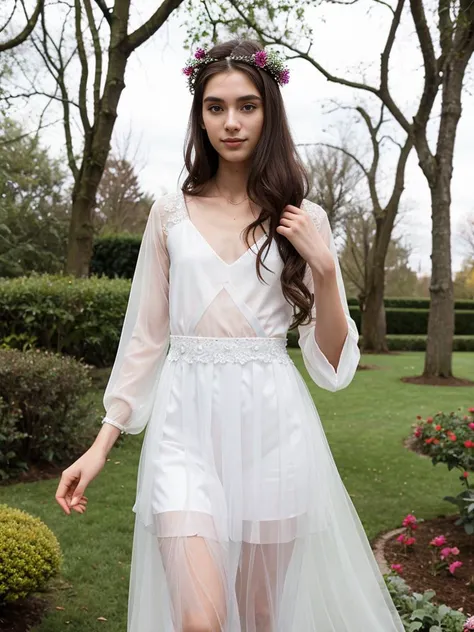a 20 year old european man, crossdressing wearing a woman bridesmaid dress, long sheer sleeves , heels, solo, garden , <lora:flat_chest_v2:0.8> ((flat chest)) <lora:waist_size_control_v1.0:-2.5>