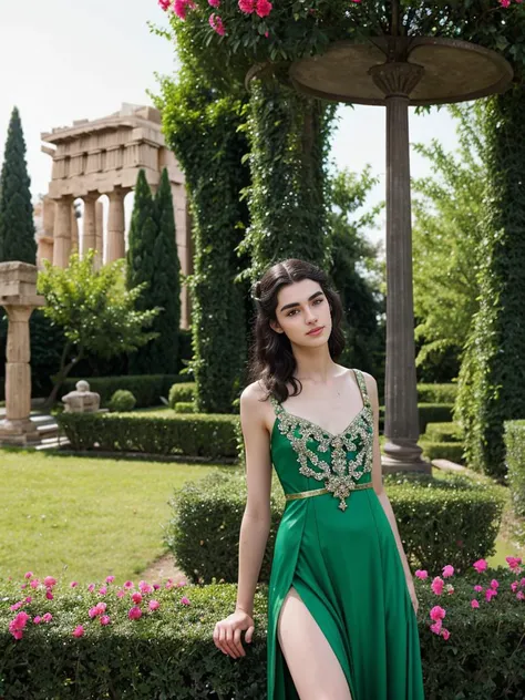ancient greece,, a 20 year old european man, crossdressing wearing a woman emerald dress, very high heels, solo, garden , <lora:flat_chest_v2:0.8> ((flat chest))