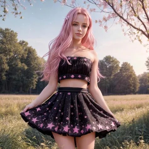 (best quality, masterpiece, colorful, highest detailed) full body photo, flat chest, fashion photography of cute unity 8k wallpaper, ultra detailed, beautiful and aesthetic, (photorealistic:1.4),(1 girl is her lifting skirt wearing showing pussy no panties small hairs on vagina, skirt is silky smooth black detailed intricate star patterns on it, beautiful small ring on finger, nails are painted pink) very wild shot, alone in field, stars in the sky , realistic, solo, perfect detailed face, detailed eyes, highly detailed, (intricate details, hyperdetailed:1.15), <lora:add_detail:1> <lora:flat_chest_v2:1>