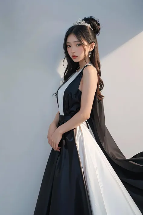 1girl, black  formal long dress,white background,  <lora:sandydianabang-04:1>