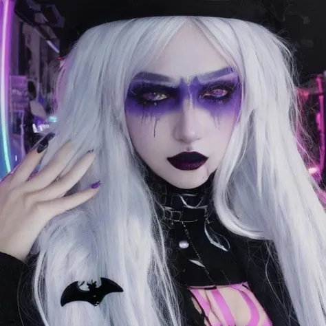wide shot, <lora:HWmakeup:0.9>, HWmakeup, mj, cinematic, cyber punk, nano punk, neon city, a Halloween make up toned body J-pop idol girl is walking, __haircolor__ short __hairstyle__, double eyelids, clear eyes, long nose,