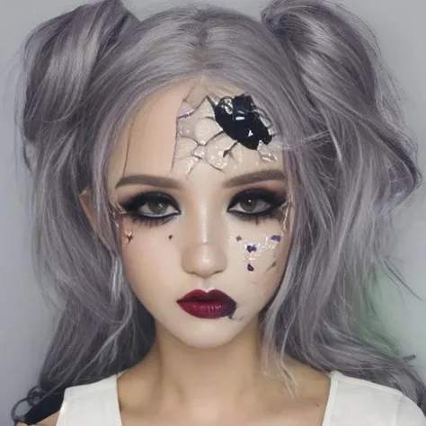 wide shot,  <lora:HWmakeup:1>, HWmakeup, mj, cinematic, in a Shibuya city in Tokyo, a fractal pattern Halloween make up toned body J-pop idol girl is walking, __haircolor__ short __hairstyle__, double eyelids, clear eyes, long nose,