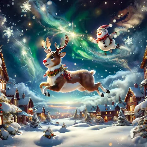 snowmand <lora:snowman:6> One reindeer and one boy float through the sky <lora:extremely_detailed:0.2> extremely detailed, floating within snowflakes, flying above distant ChristmasWintery town <lora:ChristmasWinteryXL:1> <lora:xl_more_art-full_v1:0.3>, behind them in the background  distant less detailed Aurora Borealis, movie still from the watercolor film by Raymond Briggs
