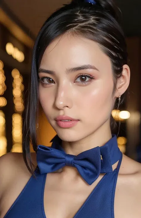 1girl <lora:Meowko(Mix):0.7>, (wearing a blue suit with red bow tie),ponytail hairstyle,(RAW photo, best quality), (realistic, photo-realistic:1.4), masterpiece, an extremely delicate and beautiful, extremely detailed, 2k wallpaper, Amazing, finely detail, extremely detailed CG unity 8k wallpaper, ultra-detailed, highres, soft light, beautiful detailed girl, extremely detailed eyes and face, beautiful detailed nose, beautiful detailed eyes,cinematic lighting,city lights at night,
