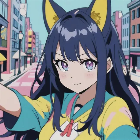 Niji style, masterpiece, best quality,1girl,selfie,solo,city,lookind at viewer,colorful,bright colors,anime coloring
