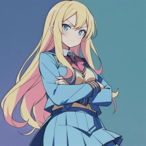 Niji style,solo,day,anime coloring,cell shading,masterpiece, best quality, 1girl,crossed arms, blonde hair,school uniform,blue skirt